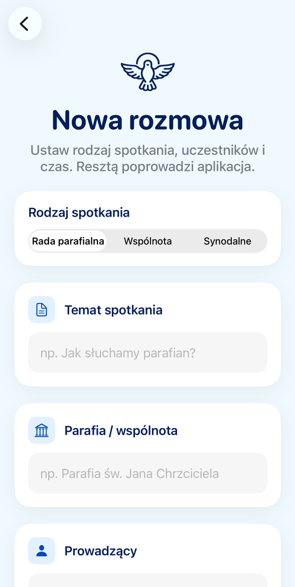 Ekran tworzenia nowej rozmowy w aplikacji